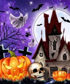 Una escena nocturna de fantasía muestra una casa embrujada con techos puntiagudos bajo una luna llena, rodeada de fantasmas y murciélagos voladores, mientras calabazas iluminadas y una calavera descansan en el primer plano, creando un ambiente de misterio en el Cuadro Casa Embrujada Terror Diamond Painting.
