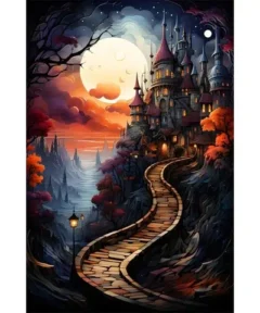 Imagen de un Cuadro Castillo Gótico Luna Punto de Diamante, mostrando un camino sinuoso hacia un castillo iluminado por la luna llena en un paisaje nocturno místico con árboles de tonos otoñales.