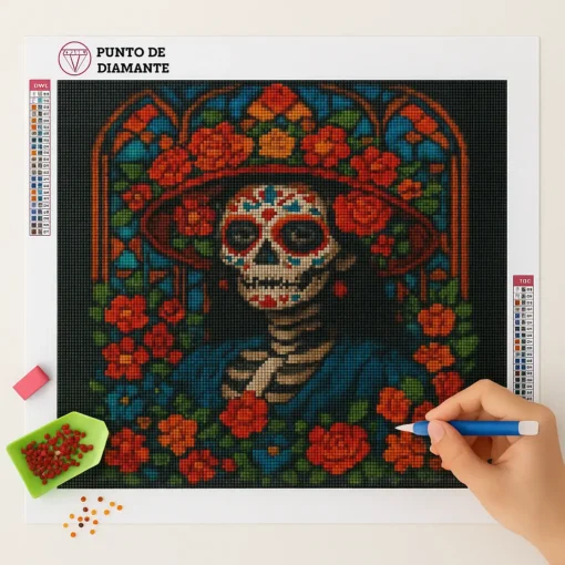 Cuadro Catrina Flores Rojas Diamond Painting - Imagen 2