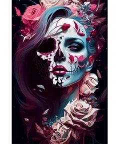 Cuadro Catrina con Rosas Punto De Diamante: una figura mágica con un rostro mitad calavera decorada, rodeada de rosas de tonos rosados y rojos, evocando un aire etéreo y de ensueño en un entorno fantasioso y colorido.
