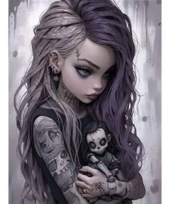 Cuadro Chica Gótica Muñeca Diamond Painting: una figura mágica con cabello morado oscuro y trenzado, tatuajes en los brazos y un muñeco de aspecto enigmático en sus manos, que la dota de una esencia mística y misteriosa.