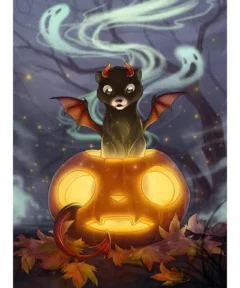 Diablillo con alas pequeñas y cuernos rojos emergiendo de una calabaza iluminada, rodeado de hojas caídas y fantasmas flotantes en un paisaje nocturno encantado, titulado 'Cuadro Diablillo en Calabaza Punto de Diamante'.