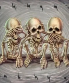 Tres esqueletos simpáticos sentados, personificando el conocido dicho "no ver, no escuchar, no hablar", rodeados de un aura mística, en el Cuadro Diamond Painting Calaveras de Halloween.