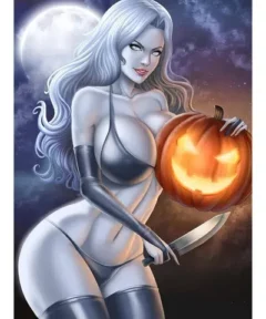 Una figura mágica femenina con cabello plateado y ojos brillantes sostiene una calabaza iluminada y un cuchillo bajo la luz de la luna en una escena nocturna inquietante, ideal para el 'Cuadro Diamond Painting Dama Muerte Halloween'.