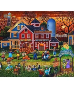 Granja de Halloween vibrante con un granero rojo decorado y un festival de espantapájaros rodeado de personajes festivos en un campo de maíz, al atardecer.