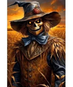 Cuadro Espantapájaros Trigal Diamond Painting: Figura mágica con apariencia esquelética, vestida con un sombrero de ala ancha, bufanda azul y chaleco marrón, situada en un trigal dorado al atardecer.