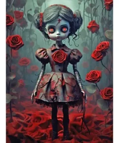 Cuadro Esqueleto Niña Terror Diamond Painting: una figura mágica de apariencia fantasmal, con ojos resplandecientes y cabello gris oscuro, vestida con un atuendo gótico adornado con rosas rojas, rodeada de un misterioso jardín floral.