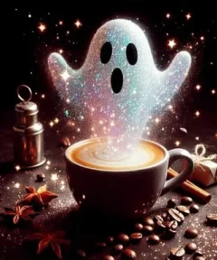 Una figura mágica de un fantasma brillante y resplandeciente emerge de una taza de café rodeada de granos y especias, evocando un exquisito Cuadro Fantasma Taza de Café Punto De Diamante.