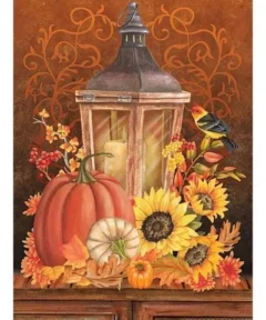 Linterna con vela rodeada de calabazas, girasoles, hojas otoñales y ramas con bayas rojas, con un pájaro posado sobre ellas, todo sobre un fondo marrón con diseño ornamental, presente en el Cuadro Flores de Halloween Diamond Painting 5D.