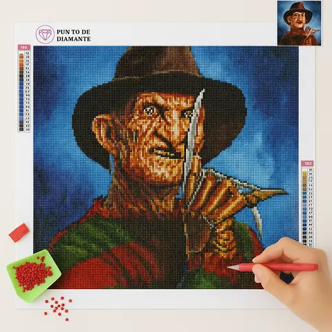 Cuadro Freddy Krueger Punto de Diamante 5D Imagen que muestra un Cuadro Freddy Krueger Punto de Diamante 5D, destacando un diseño detallado de un personaje icónico con un sombrero oscuro y guantes con cuchillas, mientras una mano acomoda las piezas brillantes que forman el retrato sobre un fondo azul.