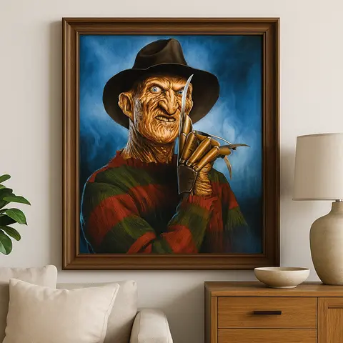 Cuadro Freddy Krueger Punto de Diamante 5D Cuadro Freddy Krueger Punto de Diamante 5D que muestra a un ser de terror con sombrero oscuro, rostro con cicatrices y guante con cuchillas, vistiendo un suéter rojo y verde a rayas, en un entorno hogareño con fondo azul, pared blanca, sofá beige, lámpara de mesa, planta verde y mesa de madera con decoración.