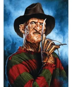 Imagen de un personaje de terror con piel desgastada, sombrero oscuro y guante con cuchillas largas, evocando una atmósfera escalofriante en un Cuadro Freddy Krueger Punto de Diamante 5D.