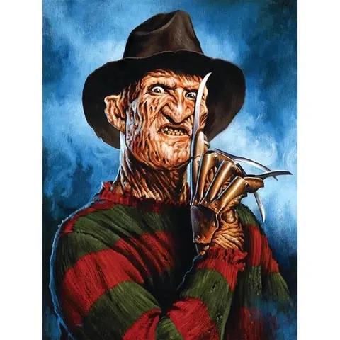 Cuadro Freddy Krueger Punto de Diamante 5D Imagen de un personaje de terror con piel desgastada, sombrero oscuro y guante con cuchillas largas, evocando una atmósfera escalofriante en un Cuadro Freddy Krueger Punto de Diamante 5D.