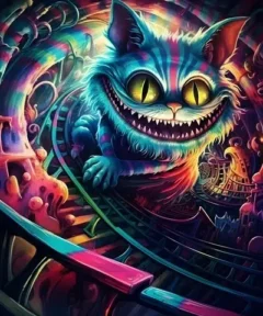 Cuadro Gato de Cheshire Diamond Painting 5D, ilustrando al enigmático felino con ojos brillantes y sonrisa amplia en un colorido y surrealista entorno de colores vibrantes.
