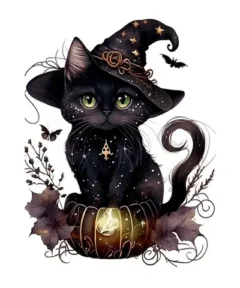 Cuadro Gato Negro y Sombrero Diamond Painting: un gato negro con sombrero de brujo y ojos verdes brillantes, rodeado de detalles luminosos en la piel, hojas otoñales, ramas, una calabaza luminosa y un murciélago volando, en tonos oscuros y dorados.