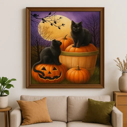 Cuadro Gato Negro Calabaza Punto de Diamante - Imagen 3