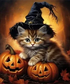 Cuadro Gato de Halloween Punto de Diamante: un gato con sombrero de bruja se posa sobre dos calabazas de Halloween con caras talladas, en un fondo oscuro adornado con hojas secas e iluminación cálida desde atrás.