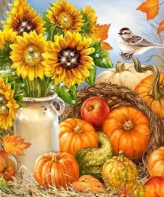 Ramo de girasoles en un jarrón con un pájaro posado, rodeado de calabazas de varios tamaños, manzanas rojas y hojas de otoño bajo un cielo azul, en el Cuadro Girasol y Calabazas Diamond Painting.