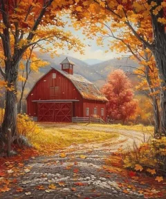 Cuadro Granero Rojo Otoño Punto de Diamante rodeado de un paisaje pintoresco con árboles de hojas otoñales, un camino cubierto de hojas, colinas en el fondo, cielo claro y un cercado de madera.