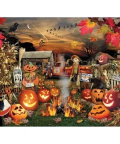Cuadro Granja Halloween Diamond Painting 5D: una escena encantada de otoño con calabazas talladas y sus caras iluminadas, un espantapájaros vigilando un granero en el crepúsculo, cuervos sobrevolando árboles deshojados, señales de madera indicando un recorrido espeluznante, una fogata chisporroteante entre telarañas y un carro de heno, mientras un gato negro acecha bajo la luz tenue de un cielo al atardecer.