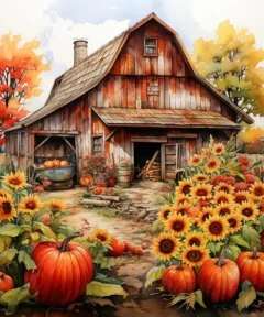 Granero de madera desgastada rodeado de calabazas grandes y girasoles floreciendo, con árboles de hojas otoñales, un camino de tierra y barriles decorativos bajo un cielo claro, evocando un Cuadro Granja Rústica Otoño Punto de Diamante.
