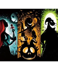 Una elfa de cabello rojo sostiene una flor bajo una luna llena en un cielo oscuro, acompañada por la silueta central de un personaje sonriente con un bastón y dulces sobre calabazas con expresión de miedo, mientras una figura grande y sonriente con un sombrero se destaca al fondo iluminado en verde, todo en el tema del Cuadro Jack Skellington Punto de Diamante 5D.