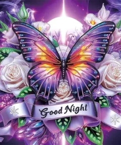 Cuadro Mariposa Brillante Punto de Diamante 5D que muestra una colorida mariposa adornada con diamantes sobre un fondo de flores y un mensaje de "Good Night".