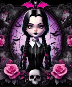 Cuadro Miércoles Addams Pintura de Diamantes: una figura gótica con trenzas, vestida de negro, rodeada de rosas rosas y telarañas, en un marco decorativo con calaveras y murciélagos bajo una paleta de tonos oscuros y púrpuras, evocando un ambiente misterioso y mágico.