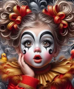 Cuadro Niña Payaso con Lazos Punto de Diamante, presenta a una figura mágica con el rostro pintado de payaso y grandes lazos dorados y rojos en su cabello rizado, rodeada de detalles coloridos y dos loros vibrantes que realzan la atmósfera fantástica.