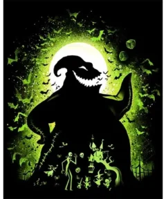 Figura de fantasía bordada en diamantes, representando a un personaje sombrío con aspecto de saco, rodeado de un aura y dados flotantes en tonos verde neón.