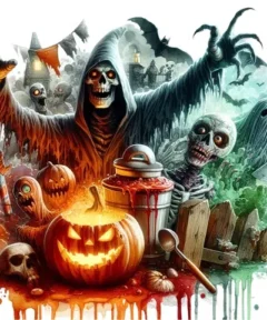 En el "Cuadro Parca y Fantasmas Punto de Diamante 5D", un esqueleto encapuchado se alza junto a una calabaza iluminada, rodeado de zombis, un caldero con líquido rojo y un fantasma, mientras murciélagos vuelan bajo un cielo nocturno con luna, con casas y un cercado de madera roto al fondo, acompañado de una bandera triangular colgada.