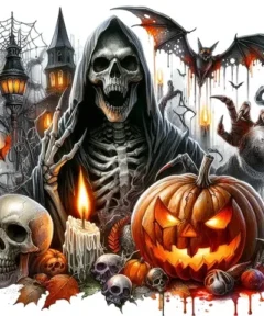 Esqueleto con capucha y mano esquelética se destacan entre calabazas talladas iluminadas, junto a una vela encendida, calaveras, murciélagos, telarañas, torre gótica, lámparas antiguas y un gato negro, creando un ambiente oscuro en el Cuadro Parca Jack O Lantern Diamond Painting.