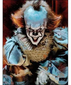 Un aterrador payaso de fantasía con cabello alborotado y maquillaje tétrico sonríe maliciosamente, en una obra de arte digital inspirada, destacando el tema de 'Cuadro Payaso Pennywise Miedo Diamond Painting'.