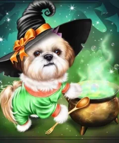 Un adorable perro vestido de brujo con sombrero puntiagudo y lazo naranja, combina magia y ternura mientras mezcla pociones en un caldero burbujeante en el Cuadro Perro Hechizo Mágico Diamond Painting.