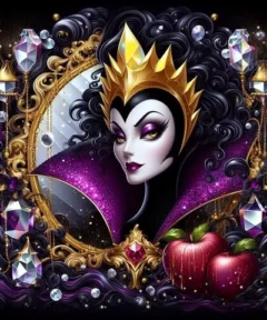 Imagen de una figura mágica, una "elfa" con corona dorada emergiendo de un lujoso espejo rodeado de intrincados diseños ornamentales y brillantes gemas que evocan un ambiente místico en el "Cuadro Reina Malvada Espejo Punto de Diamante".