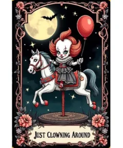 En el Cuadro Tarot Just Clowning Diamond Painting 5D, se representa a un personaje de aspecto de payaso de fantasía montado en un caballo de carrusel, sosteniendo un globo rojo, con un cielo nocturno estrellado y una luna llena de fondo, enmarcado por detalles florales oscuros y elegantes.