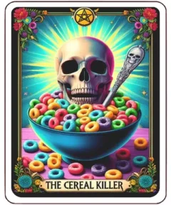 Cráneo posado en un cuenco de cereal colorido con una cuchara decorada y un fondo de rayos brillantes, enmarcado con flores y elementos decorativos, titulado "The Cereal Killer", en la obra "Cuadro Tarot Cereal Killer Diamond Painting".
