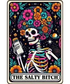 Una ilustración vibrante y mágica titulada 'Cuadro Tarot Salty Bitch Pintura de Diamante', presenta un esqueleto estilizado con un afro floreado en tonos brillantes de naranja, rosa y azul, sosteniendo un salero en un cosmos estrellado, evocando un aire místico y humorístico.