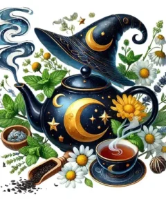 Sombrero de mago adornado con lunas y estrellas junto a una tetera con diseño similar, acompañada de una taza de té humeante, flores como margaritas y lavanda, hojas verdes, un cucharón con hojas de té y semillas, todo en el tema del Cuadro Tetera de Bruja Lunas Diamond Painting.