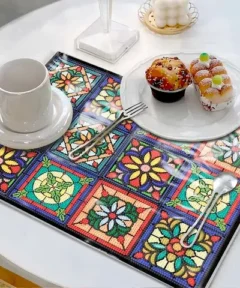Mantel Pintura de Diamantes Artísticos 5D Antideslizantes con patrones florales multicolor sobre una mesa