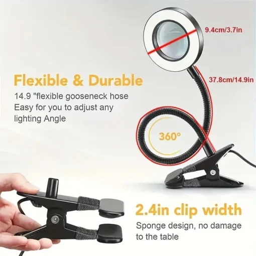 Lámpara LED flexible con pinza ajustable de 2.4 pulgadas, diseñada para ofrecer iluminación versátil con un cuello de cisne de 14.9 pulgadas que permite ajustar el ángulo de luz a 360 grados.