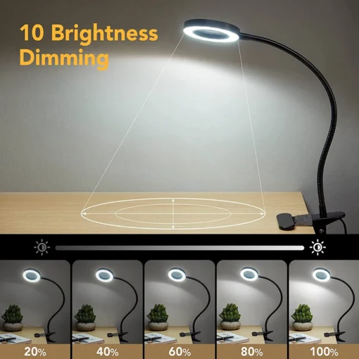 Lámpara LED ajustable con múltiples niveles de brillo, ideal para personalizar la iluminación en cualquier espacio de trabajo o lectura.