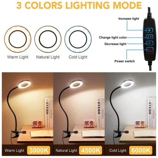 Lámpara LED moderna con tres modos de iluminación ajustables: luz cálida de 3000K, luz natural de 4500K y luz fría de 6000K, perfecta para diferentes ambientes y tareas.