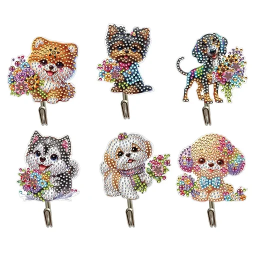 Ganchos decorativos con diseños de perros adorables sosteniendo ramos de flores brillantes y coloridas, ideales para añadir un toque alegre y funcional a cualquier espacio.