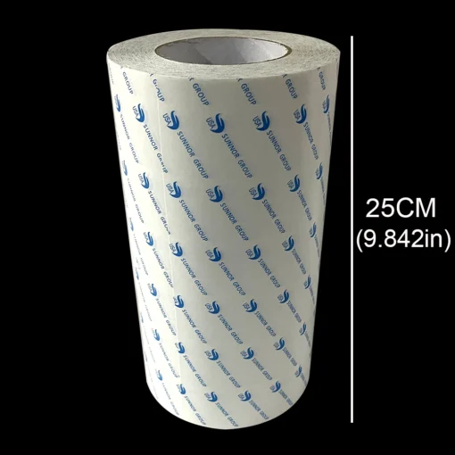Rollo cilíndrico de Cinta Doble Cara Lienzos Diamond Painting con papel de texto y logotipos azules, sobre fondo negro, junto a una línea blanca vertical a la derecha y marcado con "25CM (9.842in)" en blanco.