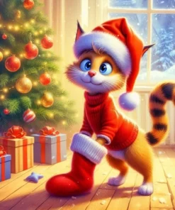 Cuadro Gato con Gorro Santa Diamond Painting