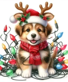 Cachorro navideño con gorro de Santa, cuernos de reno y bufanda roja, rodeado de luces en un cuadro de pintura con diamantes