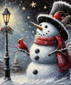 Cuadro Muñeco de nieve Cardenal Bordado de Luz: muñeco de nieve con sombrero, bufanda roja, farola iluminada y un cardenal en un paisaje nevado