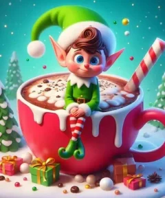 Cuadro Elfo Navidad Chocolate Diamond Painting: un elfo sentado en una taza gigante de chocolate navideño, rodeado de regalos y nieve.