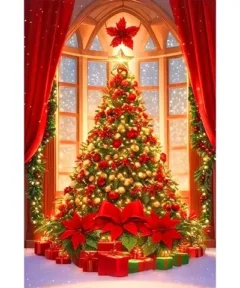 Cuadro Árbol de Navidad Pintura con Brillos: árbol decorado con luces, esferas y regalo junto a una ventana